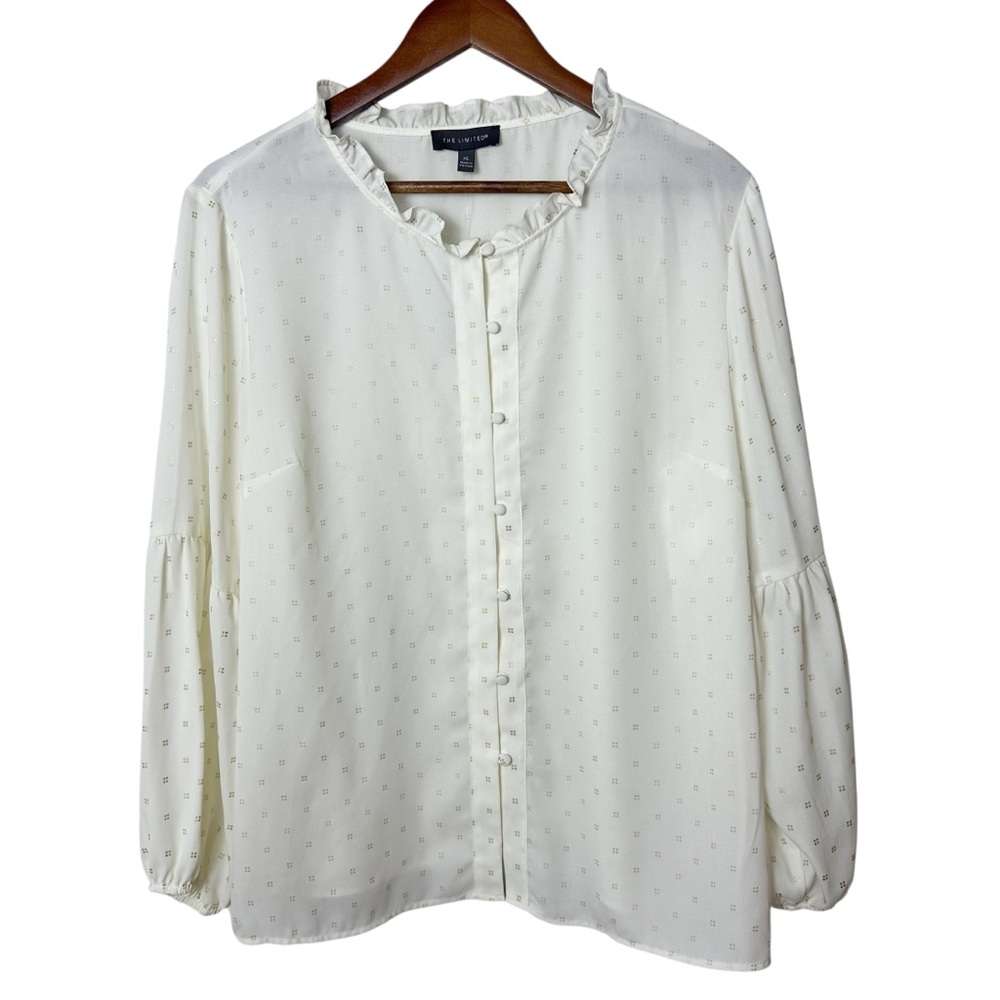 The Limited Cream Ruffle Neck Button Blouse XL NWT Elegant Long Sleeve Top